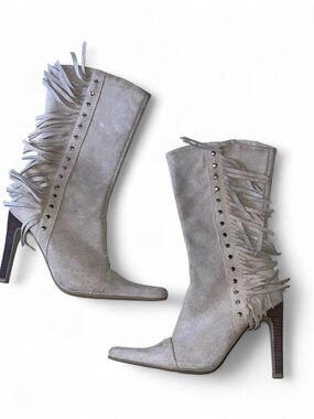 Steve Madden Light Gray Suede Fringe Stud Ankle Boots